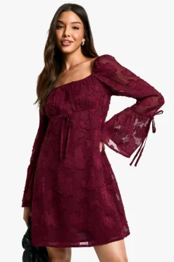 Mini Dresses*boohoo Burnout Floral Flare Sleeve Shift Dress merlot