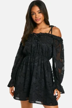 Skater Dresses*boohoo Burnout Floral Lace Up Front Mini Dress black