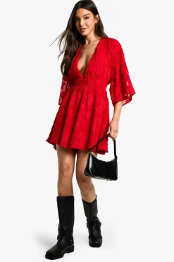 Skater Dresses|Long Sleeve Dresses*boohoo Burnout Floral Plunge Skater Dress red