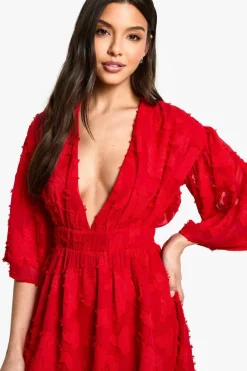 Skater Dresses|Long Sleeve Dresses*boohoo Burnout Floral Plunge Skater Dress red