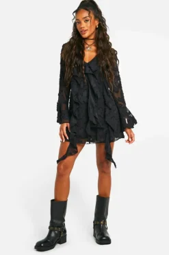 Mini Dresses|Long Sleeve Dresses*boohoo Burnout Floral Ruffle Shift Dress black