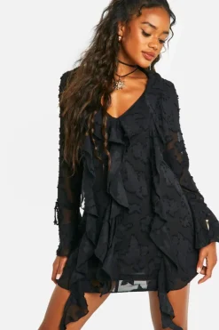 Mini Dresses|Long Sleeve Dresses*boohoo Burnout Floral Ruffle Shift Dress black