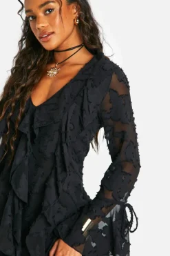 Mini Dresses|Long Sleeve Dresses*boohoo Burnout Floral Ruffle Shift Dress black
