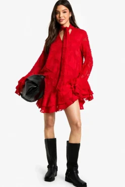 Smock Dresses|Mini Dresses*boohoo Burnout Floral Ruffle Smock Dress red