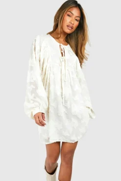 Smock Dresses*boohoo Burnout Floral Tie Front Smock Dress cream