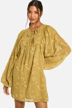 Smock Dresses*boohoo Burnout Paisley Tie Front Smock Dress khaki