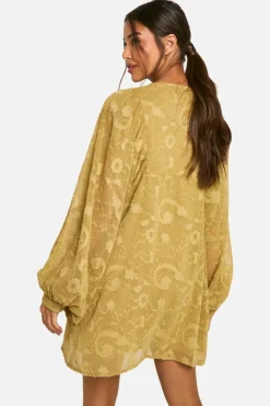 Smock Dresses*boohoo Burnout Paisley Tie Front Smock Dress khaki