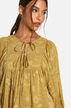 Smock Dresses*boohoo Burnout Paisley Tie Front Smock Dress khaki