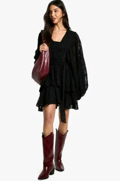 Skater Dresses|Mini Dresses*boohoo Burnout Paisley Tiered Belted Skater Dress black
