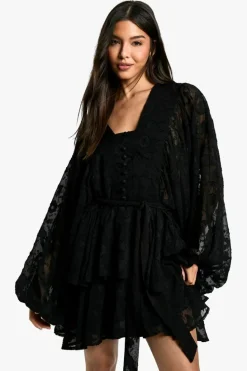 Skater Dresses|Mini Dresses*boohoo Burnout Paisley Tiered Belted Skater Dress black