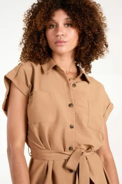 Shirt Dresses|Midi Dresses*Blue Vanilla Button Front Midi Utility Shirt Dress Tan