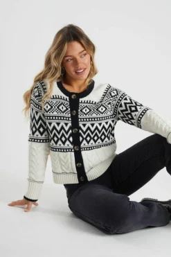 Cardigans*Brave Soul Button Through Fairisle Cable Knit Cardigan Cream