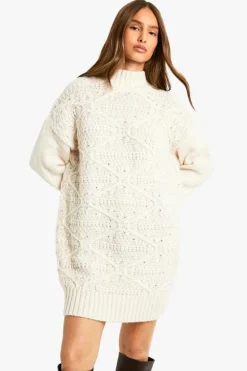 Jumper Dresses|Jumper Dresses*boohoo Cable Detail Knitted Mini Jumper Dress stone