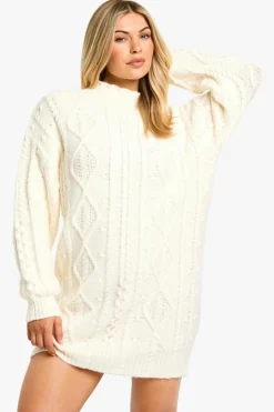 Mini Dresses|Jumper Dresses*boohoo Cable Detail Knitted Mini Jumper Dress cream