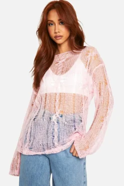 Oversized Jumpers|Jumpers*boohoo Cable Detail Sheer Oversized Jumper pink