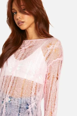 Oversized Jumpers|Jumpers*boohoo Cable Detail Sheer Oversized Jumper pink