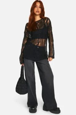 Oversized Jumpers*boohoo Cable Detail Sheer Oversized Jumper black