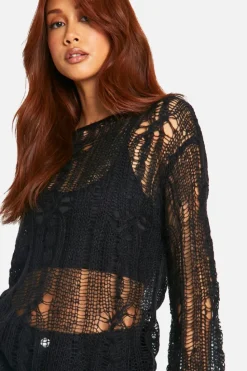 Oversized Jumpers*boohoo Cable Detail Sheer Oversized Jumper black