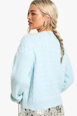 Jumpers|Up To 80% Off Winter Warmers*boohoo Cable Knit Chain Detail V Neck Jumper light blue