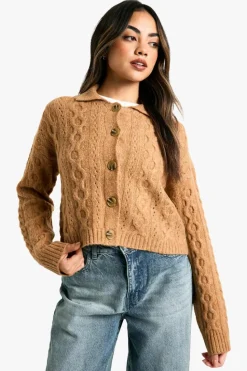 Cardigans|Up To 80% Off Winter Warmers*boohoo Cable Knit Collar Detail Cardigan camel