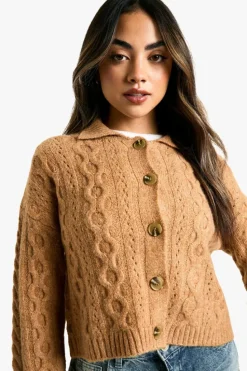 Cardigans|Up To 80% Off Winter Warmers*boohoo Cable Knit Collar Detail Cardigan camel