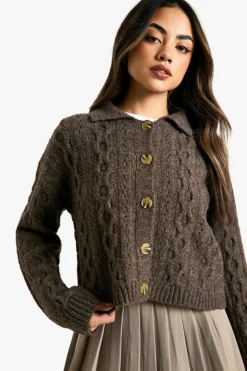 Cardigans*boohoo Cable Knit Collar Detail Cardigan chocolate