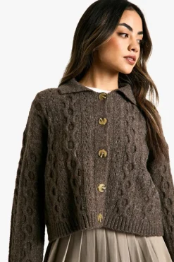 Cardigans*boohoo Cable Knit Collar Detail Cardigan chocolate
