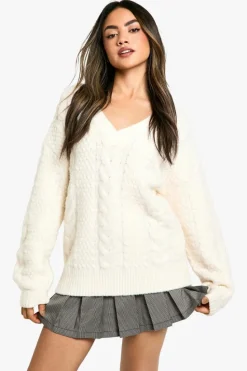 Jumpers*boohoo Cable Knit Detail V Neck Jumper cream