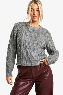 Jumpers*boohoo Cable Knit Diamate Detail Jumper grey
