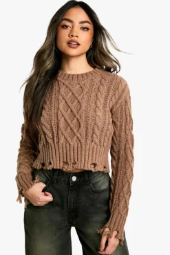 Cardigans|Jumpers*boohoo Cable Knit Distressed Hem Jumper mocha