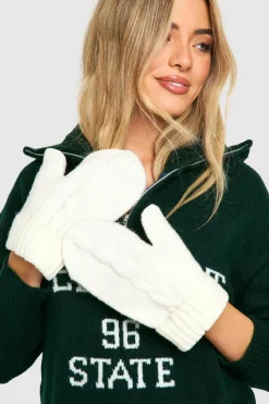 Hats & Gloves|Hats & Gloves*boohoo Cable Knit Mitten Gloves ivory