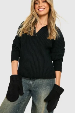 Hats & Gloves|Hats & Gloves*boohoo Cable Knit Mitten Gloves black