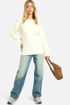 Oversized Jumpers|Jumpers*boohoo Cable Knit Oversized Crew Neck Jumper cream
