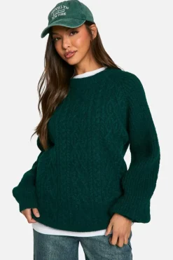 Oversized Jumpers|Jumpers*boohoo Cable Knit Oversized Crew Neck Jumper bottle green