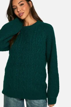 Oversized Jumpers|Jumpers*boohoo Cable Knit Oversized Crew Neck Jumper bottle green