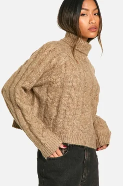 Jumpers|Knitwear*boohoo Cable Knit Roll Neck Jumper camel