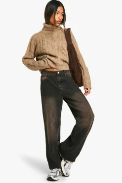 Jumpers|Knitwear*boohoo Cable Knit Roll Neck Jumper camel