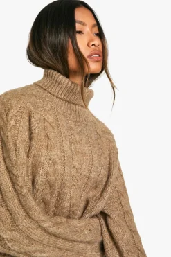 Jumpers|Knitwear*boohoo Cable Knit Roll Neck Jumper camel
