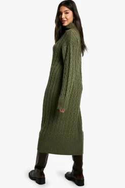 Midi Dresses|Knitwear*boohoo Cable Knit Roll Neck Midi Dress olive