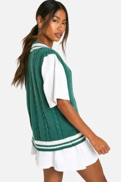 Knitted Tops*boohoo Cable Knitted Contrast Detail V Neck Vest green
