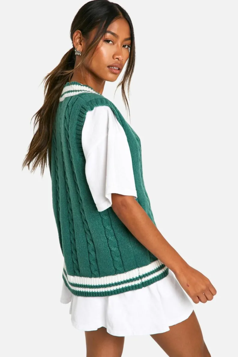 Knitted Tops*boohoo Cable Knitted Contrast Detail V Neck Vest green