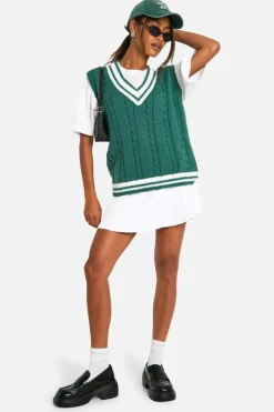 Knitted Tops*boohoo Cable Knitted Contrast Detail V Neck Vest green