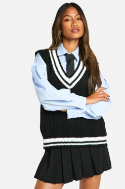 Knitted Tops*boohoo Cable Knitted Contrast Detail V Neck Vest black