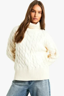 Jumpers*boohoo Cable Knitted Roll Neck Jumper cream
