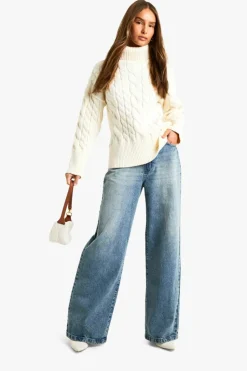 Jumpers*boohoo Cable Knitted Roll Neck Jumper cream