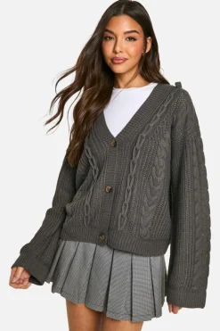 Cardigans*boohoo Cable Knitted V Neck Cardigan charcoal
