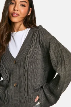 Cardigans*boohoo Cable Knitted V Neck Cardigan charcoal
