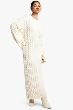 Jumper Dresses|Jumper Dresses*boohoo Cable Oversized Knitted Jumper Dress cream