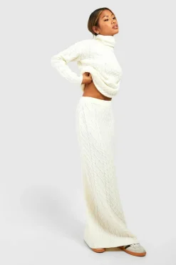 Knitted Co-Ords|Skirts*boohoo Cable Roll Neck Jumper And Maxi Skirt Knitted Co-ord cream
