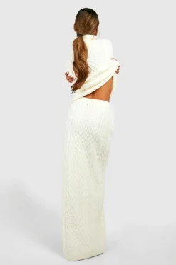 Knitted Co-Ords|Skirts*boohoo Cable Roll Neck Jumper And Maxi Skirt Knitted Co-ord cream
